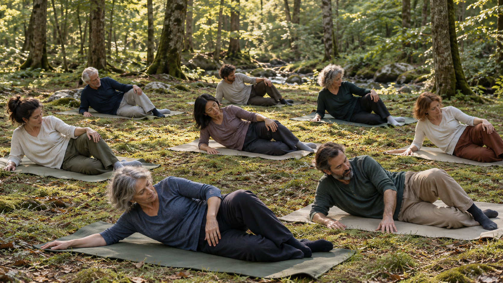 Otto partecipanti durante un workshop Feldenkrais all’aperto, in una radura tra gli alberi